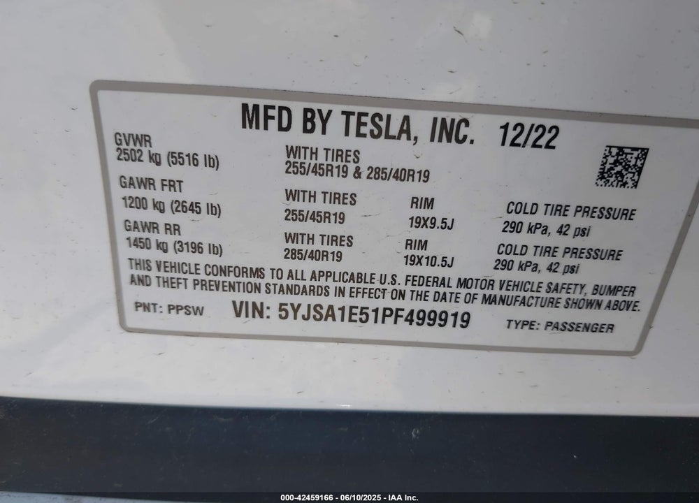2023 TESLA MODEL S VIN: 5YJSA1E51PF499919