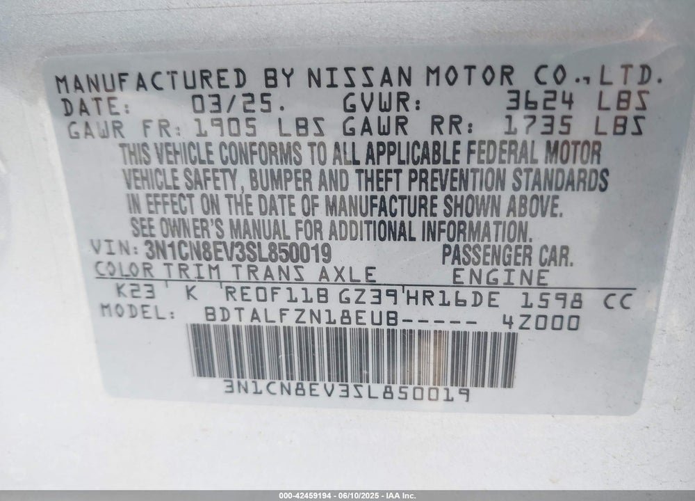 2025 NISSAN VERSA 1.6 SV VIN: 3N1CN8EV3SL850019