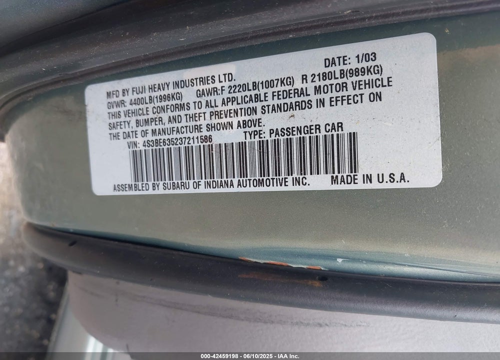 2003 SUBARU LEGACY L/L W/SPECIAL EDITION PACKAGE VIN: 4S3BE635237211586