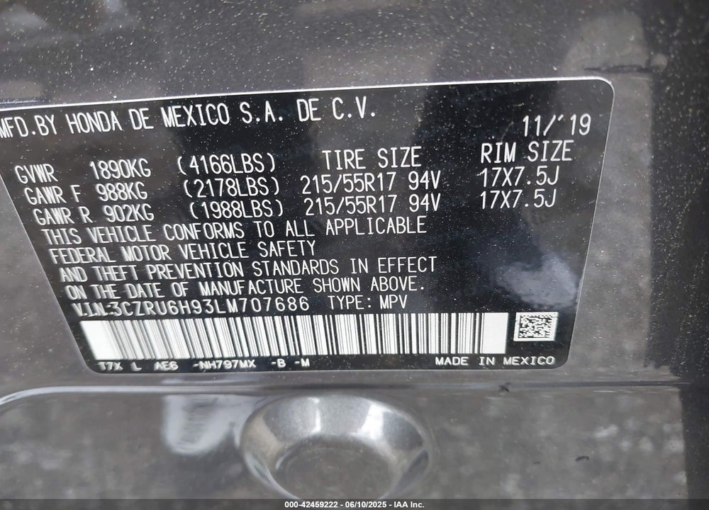 2020 HONDA HR-V VIN: 3CZRU6H93LM707686