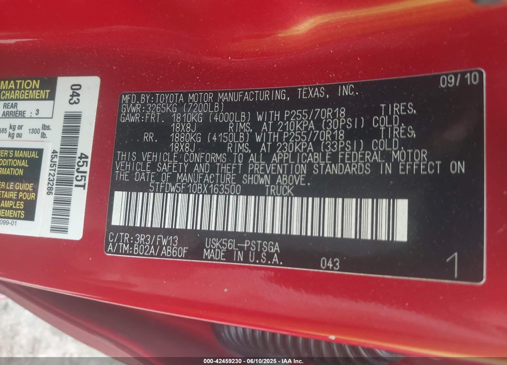 2011 TOYOTA TUNDRA VIN: 5TFDW5F10BX163500