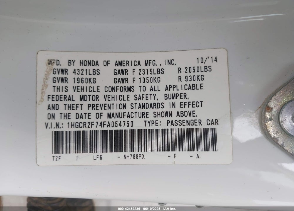 2015 HONDA ACCORD EX VIN: 1HGCR2F74FA054750