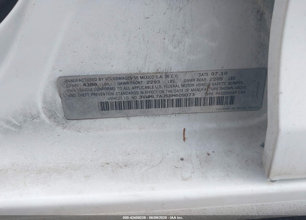 2011 VOLKSWAGEN JETTA SPORTWAGEN VIN: 3VWML7AJ5BM609073