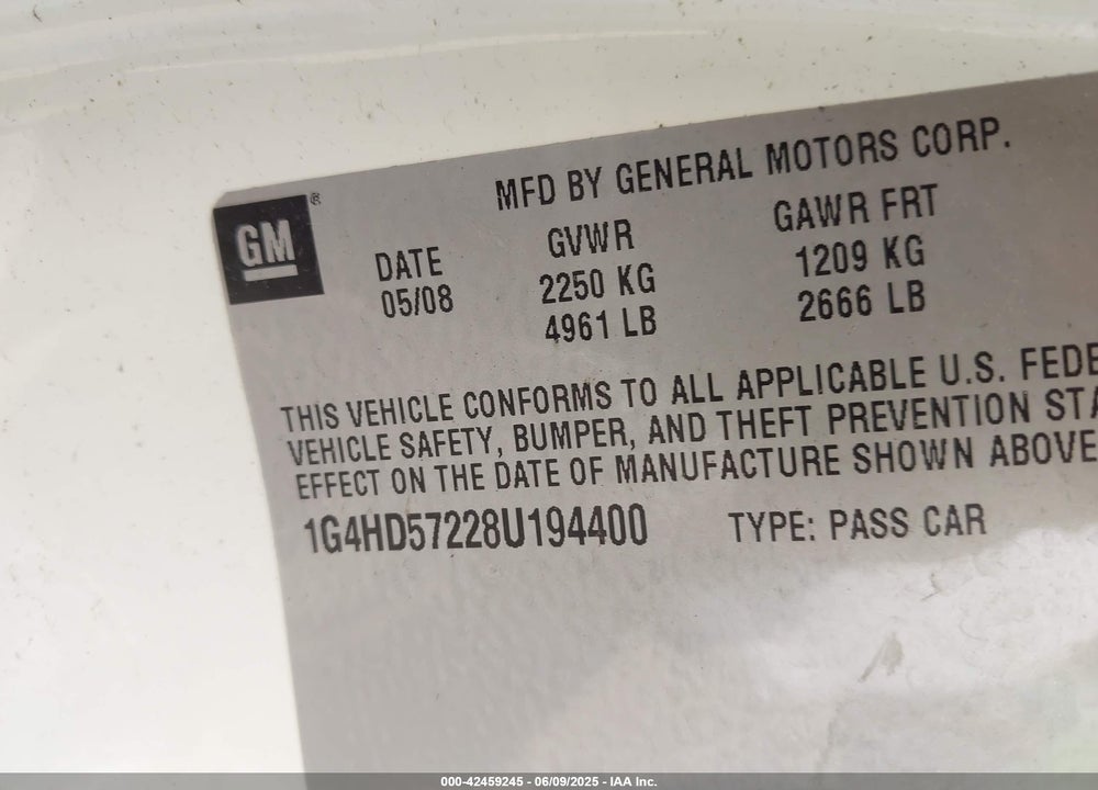 2008 BUICK LUCERNE VIN: 1G4HD57228U194400