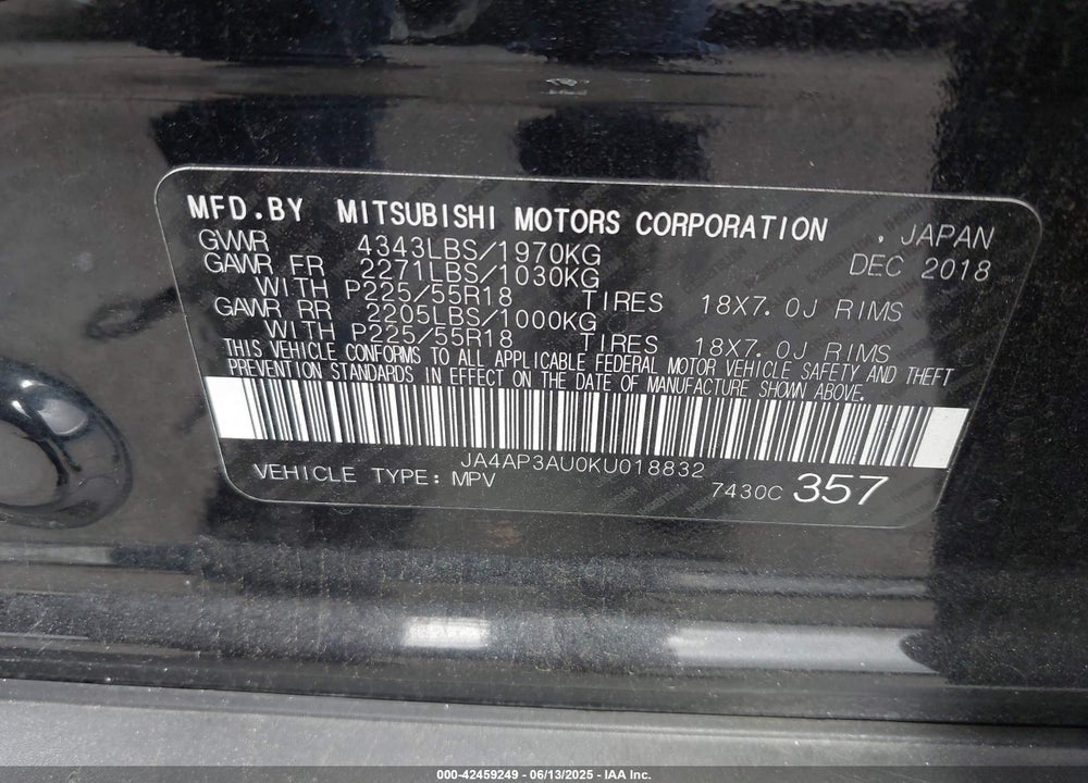 2019 MITSUBISHI OUTLANDER SPORT 2.0 SP VIN: JA4AP3AU0KU018832