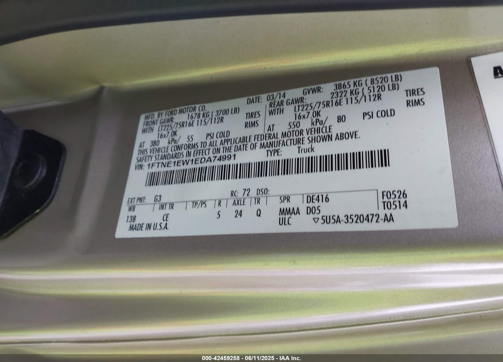 2014 MERC FORD E-150 COMIAL VIN: 1FTNE1EW1EDA74991