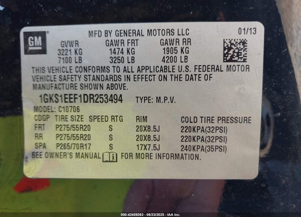 2013 GMC YUKON VIN: 1GKS1EEF1DR253494