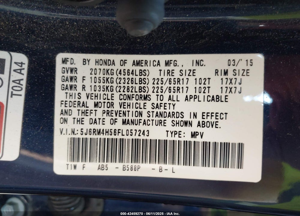 2015 HONDA CR-V VIN: 5J6RM4H56FL057243