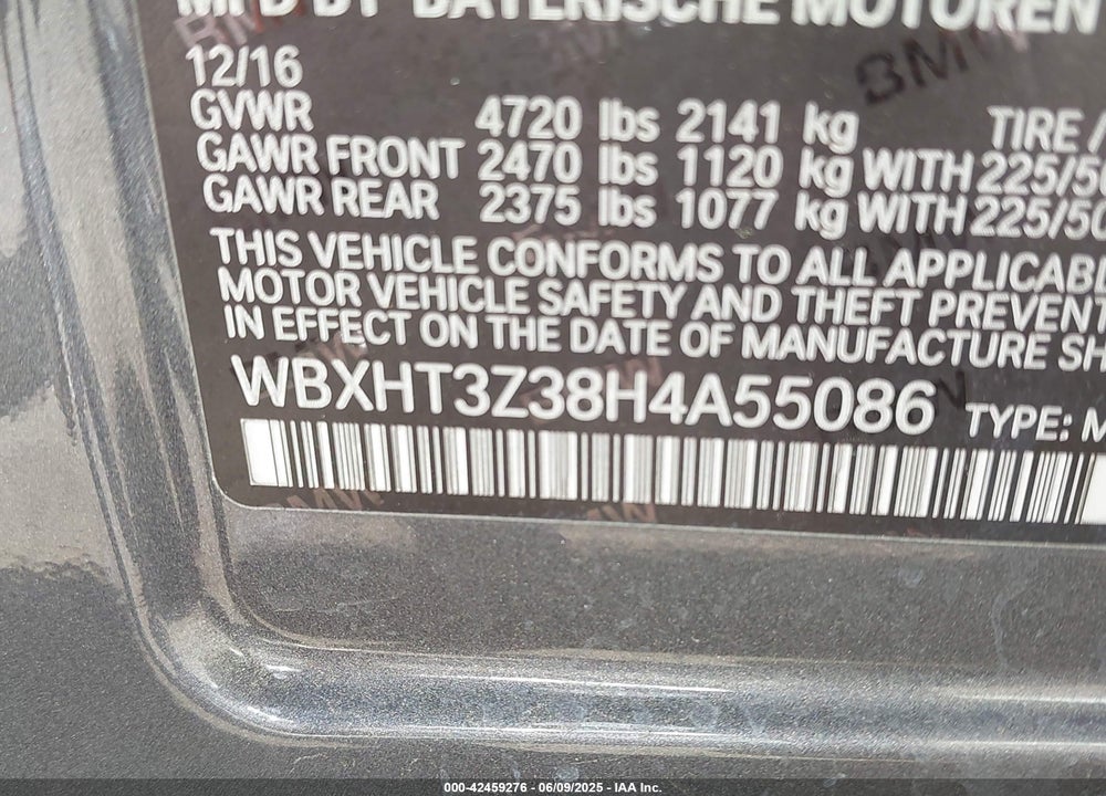 2017 BMW X1 VIN: WBXHT3Z38H4A55086