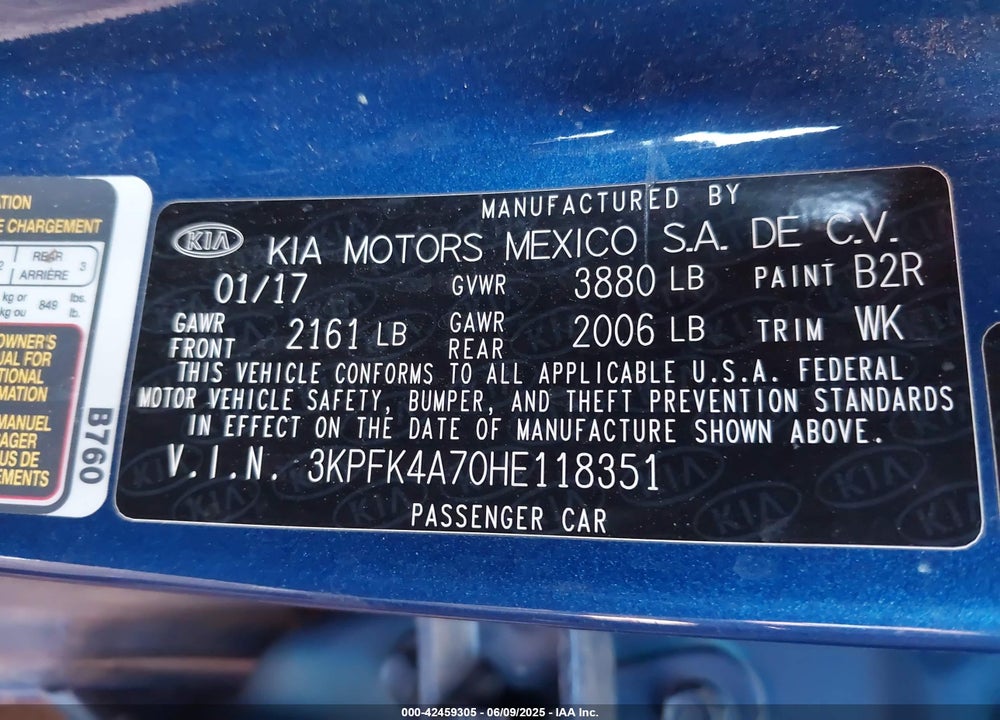 2017 KIA FORTE LX VIN: 3KPFK4A70HE118351