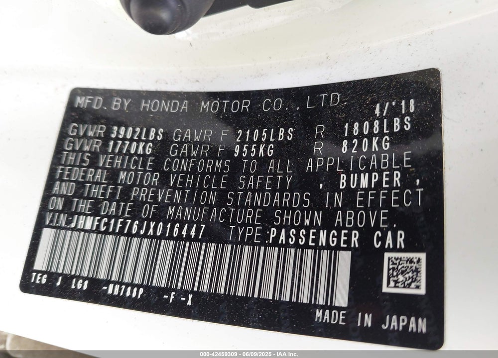 2018 HONDA CIVIC VIN: JHMFC1F76JX016447