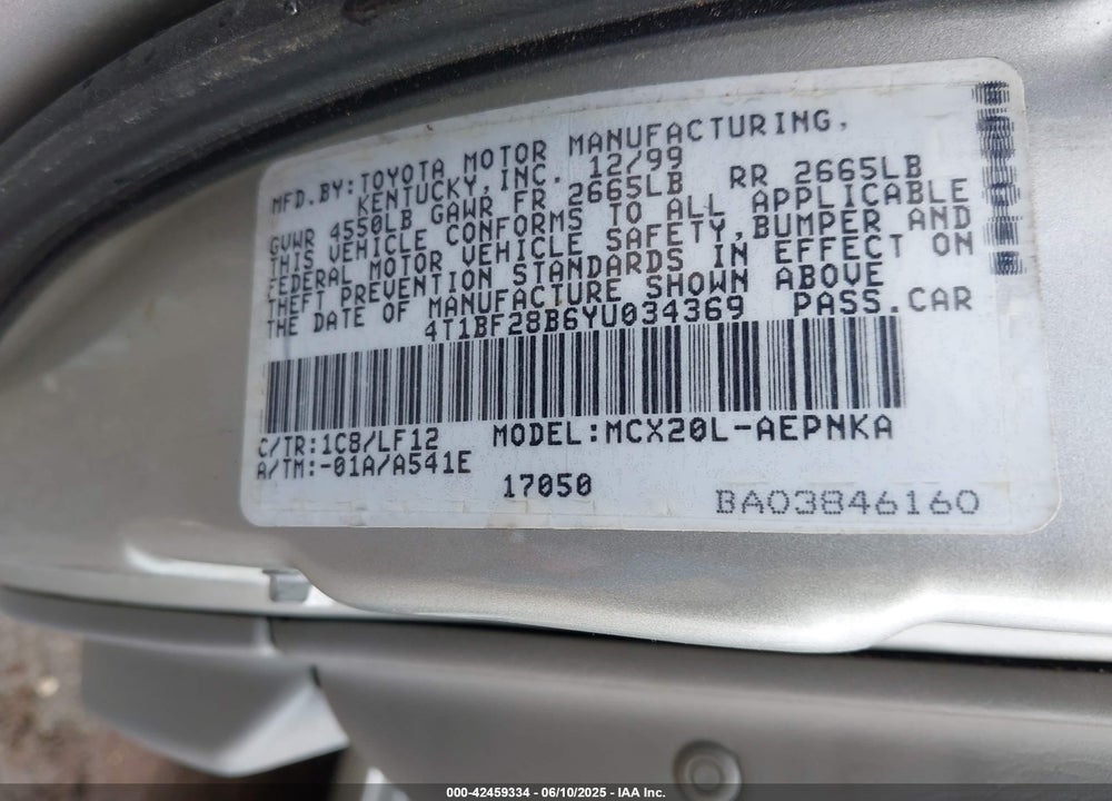 2000 TOYOTA AVALON XL VIN: 4T1BF28B6YU034369