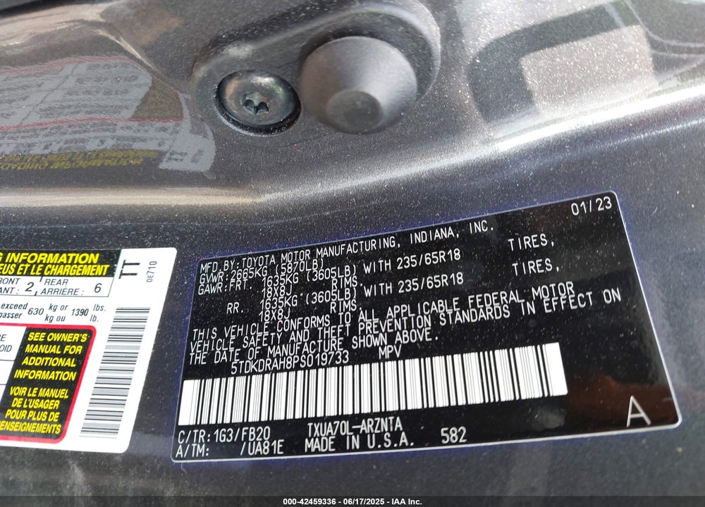 2023 TOYOTA HIGHLANDER VIN: 5TDKDRAH8PS019733