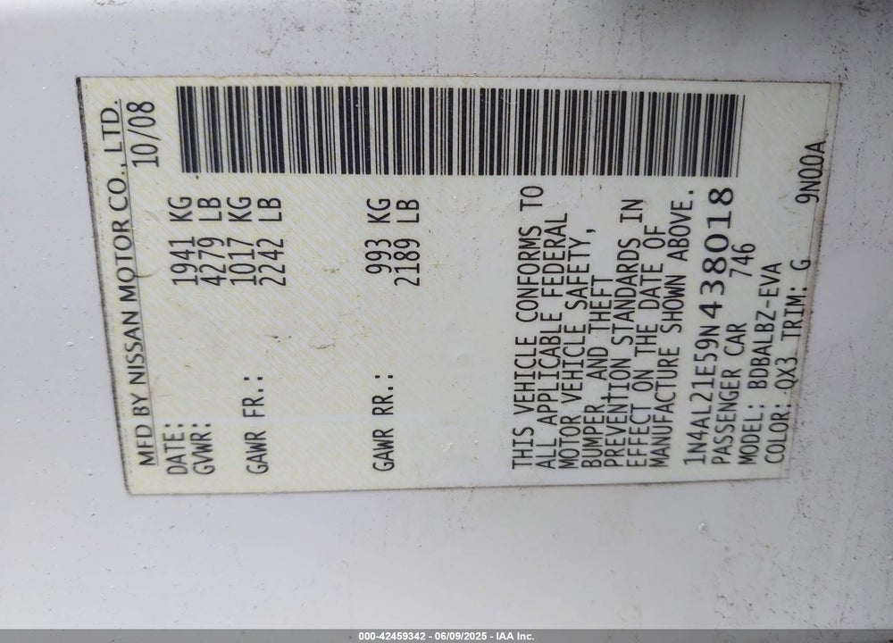 2009 NISSAN ALTIMA VIN: 1N4AL21E59N438018