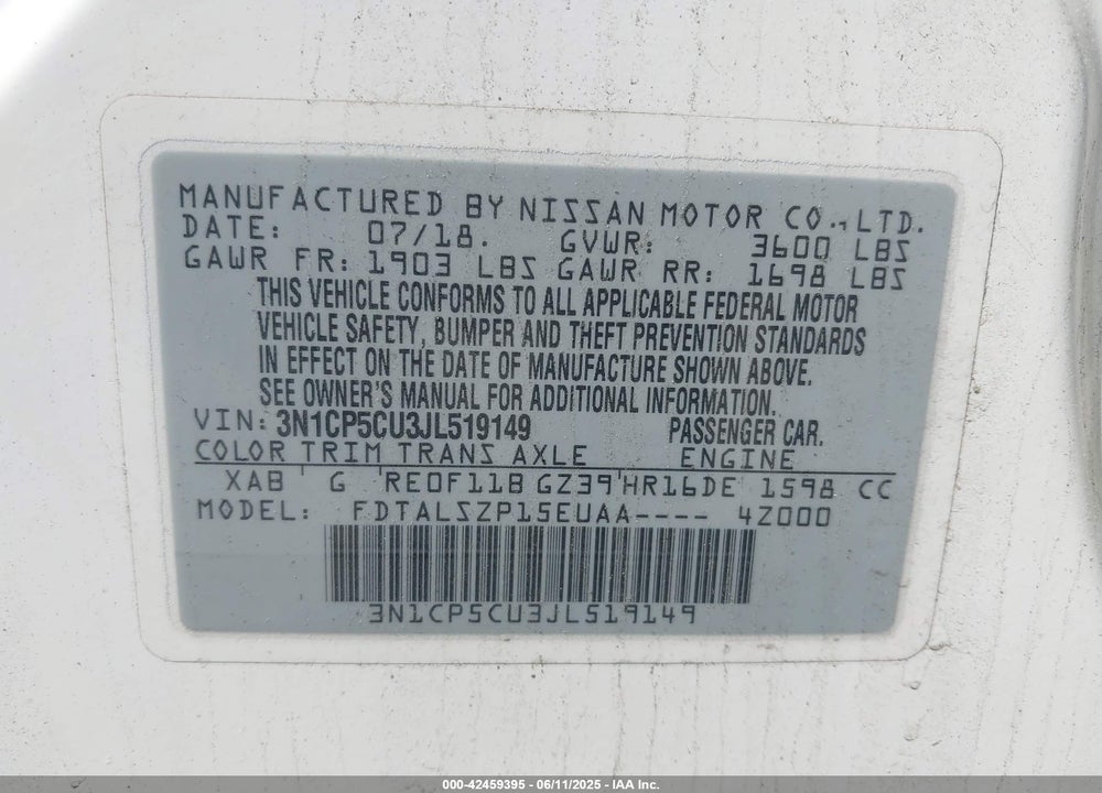 2018 NISSAN KICKS VIN: 3N1CP5CU3JL519149
