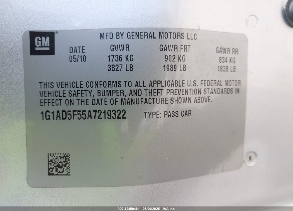 2010 CHEVROLET COBALT VIN: 1G1AD5F55A7219322