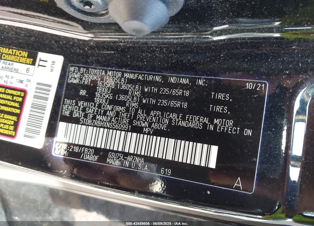 2022 TOYOTA HIGHLANDER VIN: 5TDBZRBHXNS560991