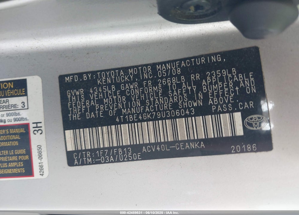 2009 TOYOTA CAMRY LE VIN: 4T1BE46K79U306043
