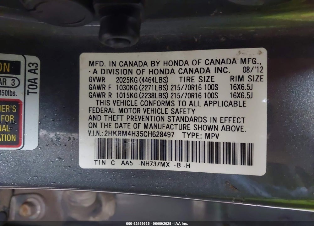 2012 HONDA CR-V LX VIN: 2HKRM4H35CH628497