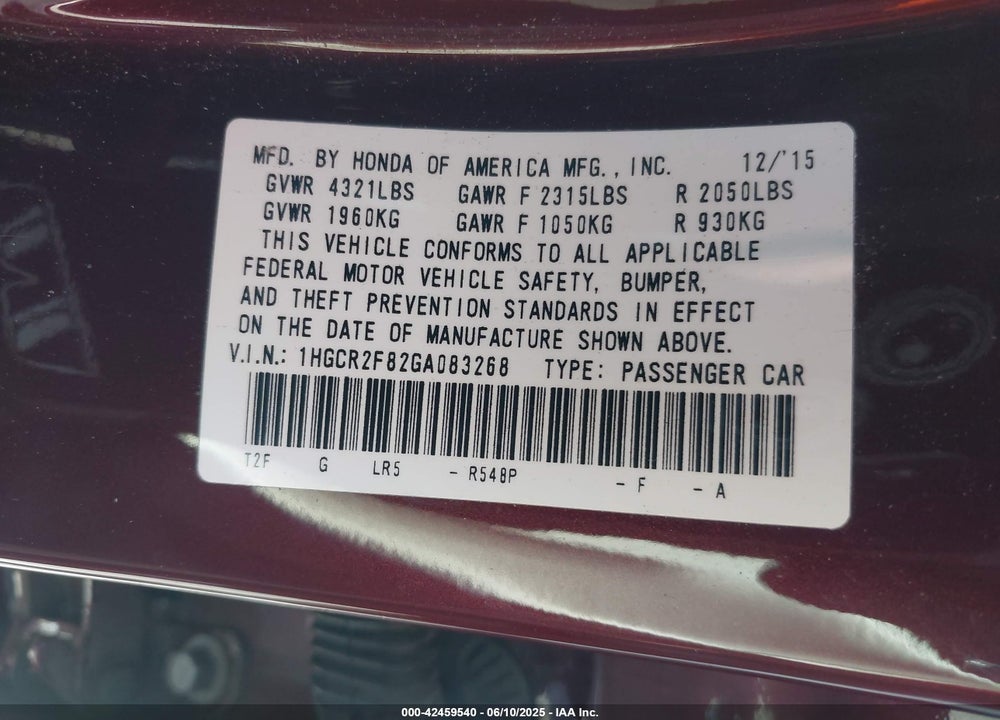 2016 HONDA ACCORD EX-L VIN: 1HGCR2F82GA083268
