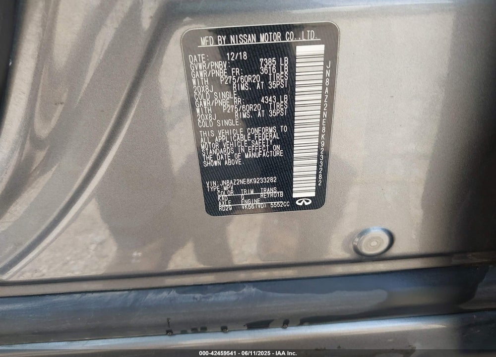 2019 INFINITI QX80 VIN: JN8AZ2NE8K9233282