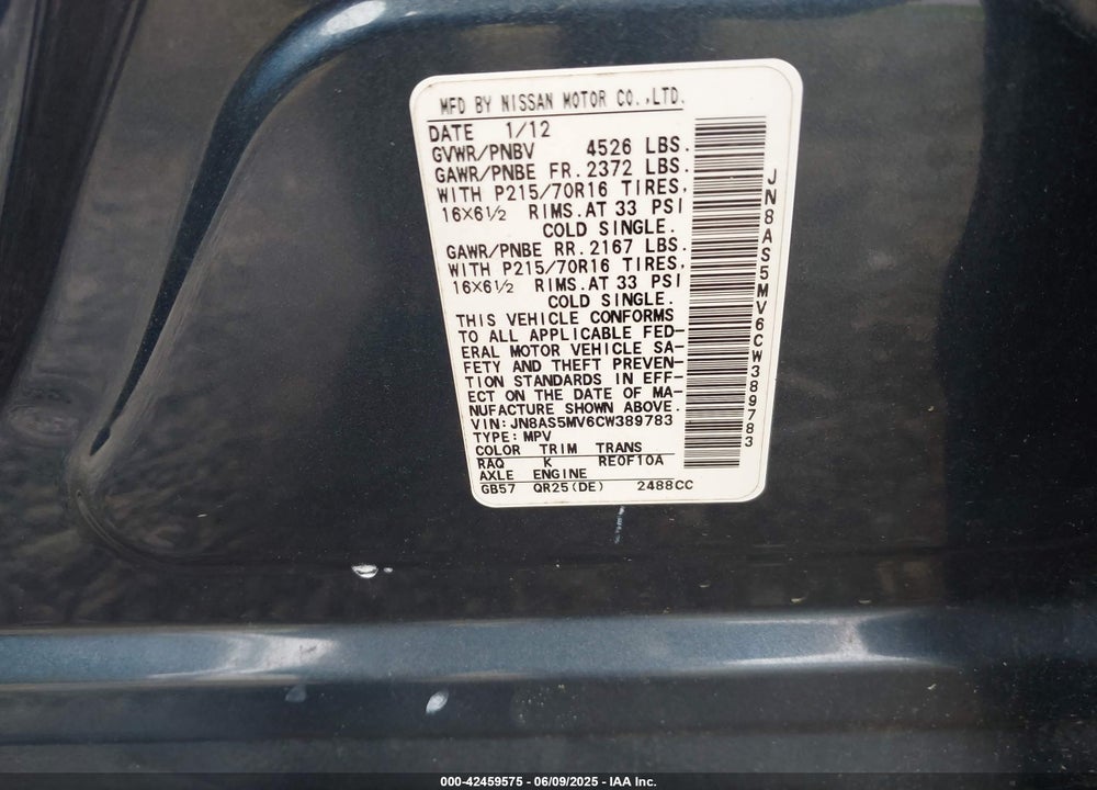 2012 NISSAN ROGUE VIN: JN8AS5MV6CW389783