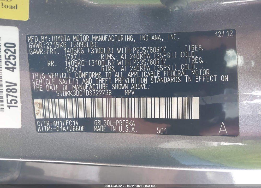2013 TOYOTA SIENNA LE V6 8 PASSENGER VIN: 5TDKK3DC1DS322738