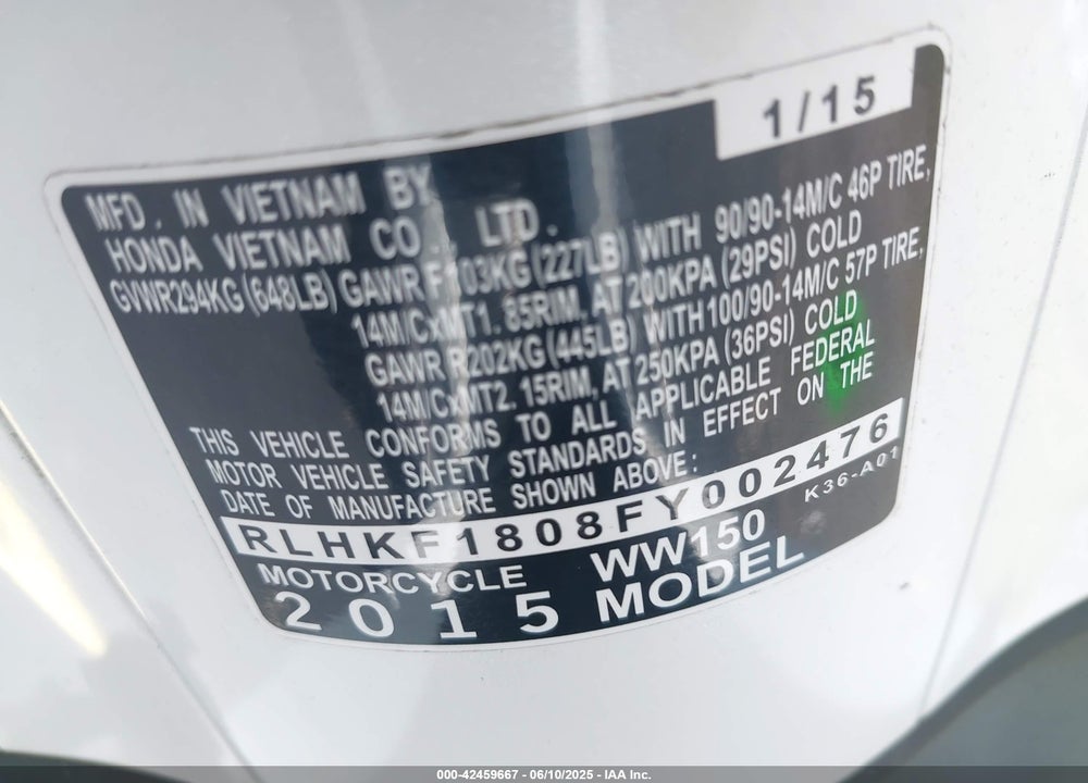 2015 HONDA PCX 150 VIN: RLHKF1808FY002476