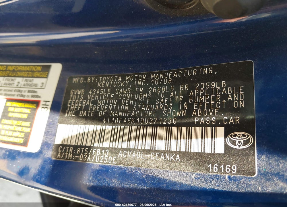 2009 TOYOTA CAMRY VIN: 4T1BE46K19U371230