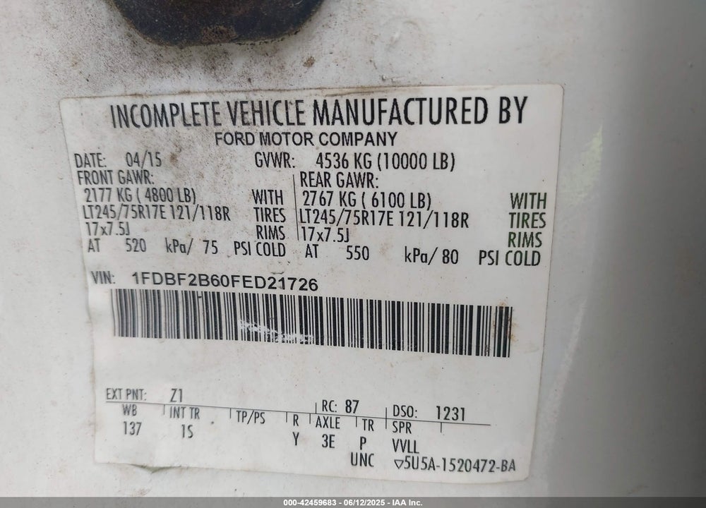 2015 FORD F-250 VIN: 1FDBF2B60FED21726