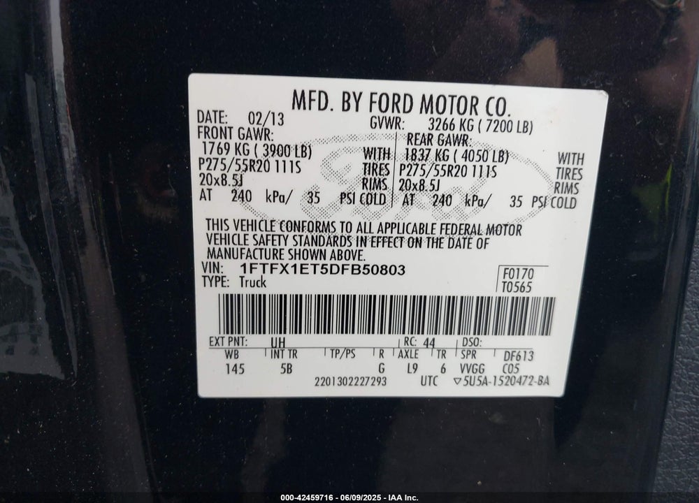 2013 FORD F-150 FX4 VIN: 1FTFX1ET5DFB50803