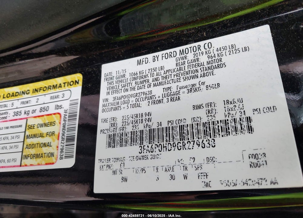 2016 FORD FUSION VIN: 3FA6P0HD9GR279638