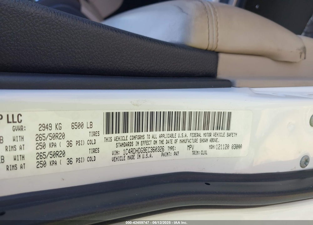 2014 DODGE DURANGO VIN: 1C4RDHDG9EC360326
