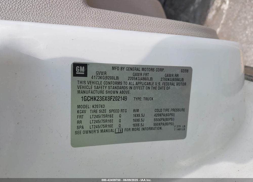 2008 CHEVROLET SILVERADO 2500HD WORK TRUCK VIN: 1GCHK236X8F202149