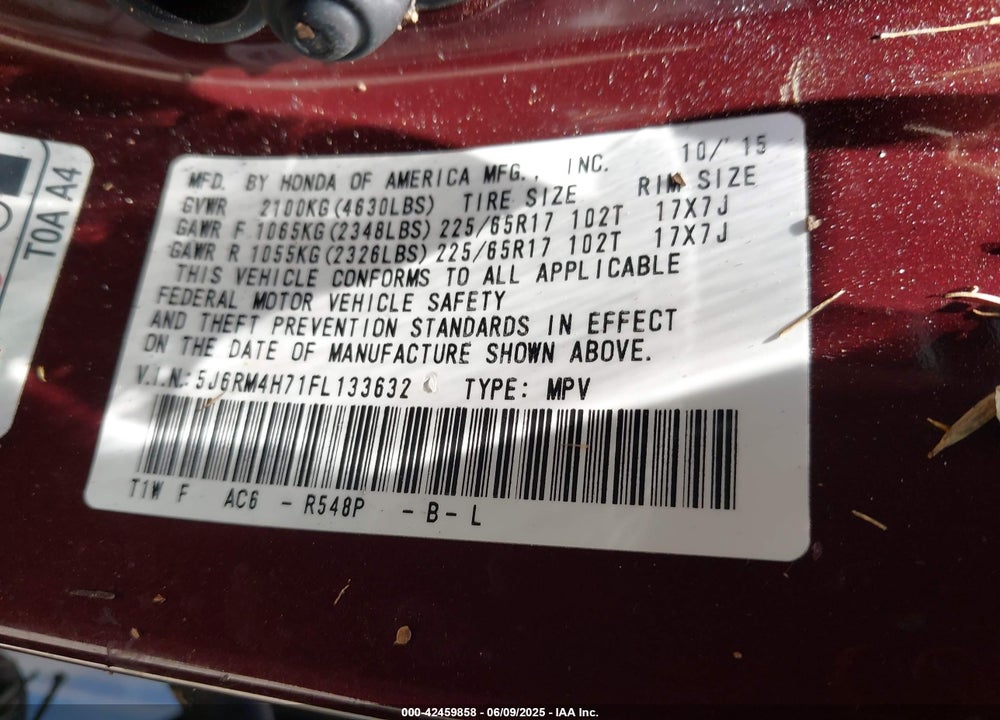 2015 HONDA CR-V VIN: 5J6RM4H71FL133632