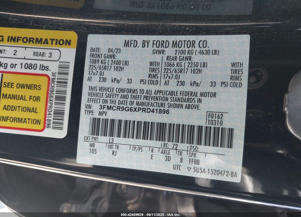 2023 FORD BRONCO SPORT VIN: 3FMCR9G6XPRD41896