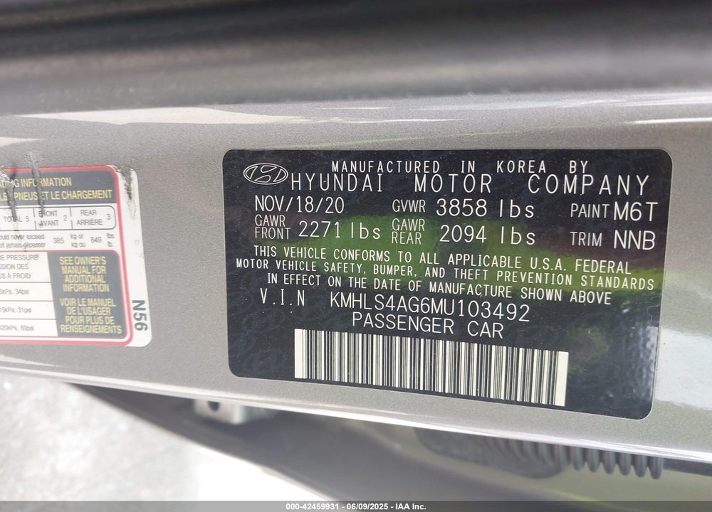 2021 HYUNDAI ELANTRA VIN: KMHLS4AG6MU103492