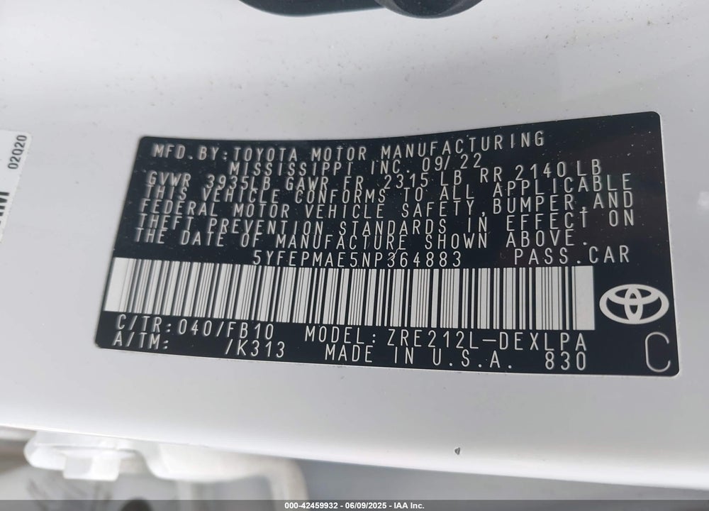 2022 TOYOTA COROLLA VIN: 5YFEPMAE5NP364883