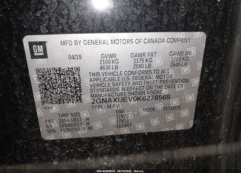 2019 CHEVROLET EQUINOX VIN: 2GNAXUEV0K6278569