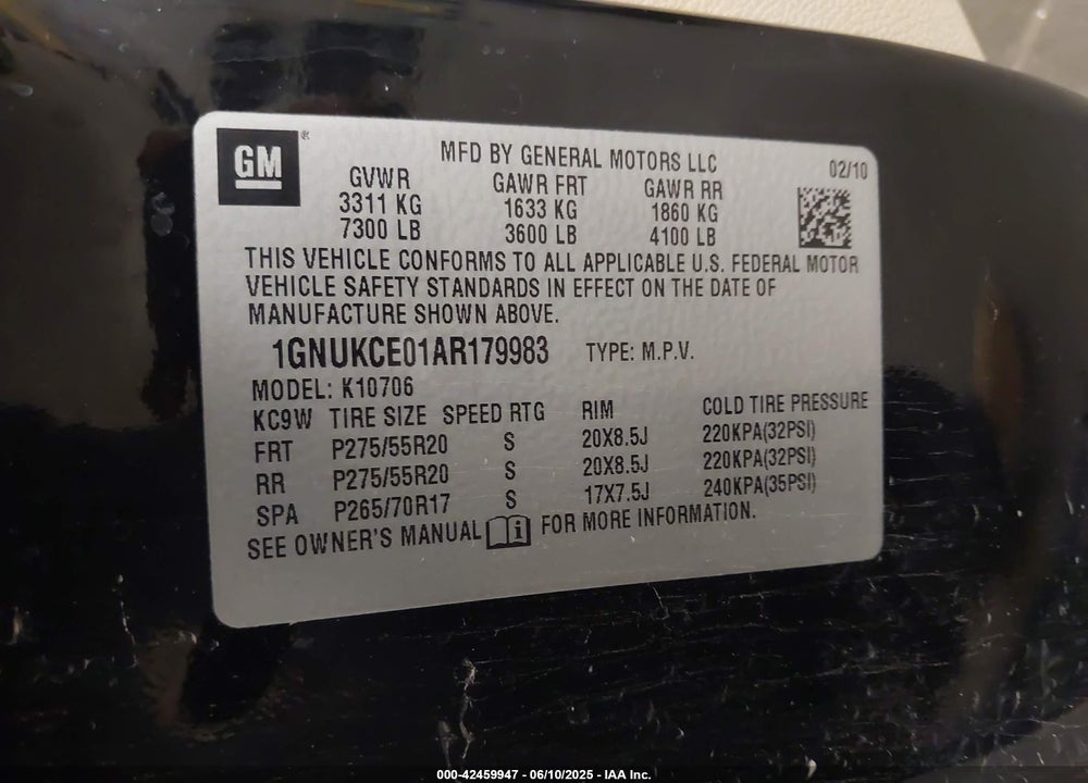 2010 CHEVROLET TAHOE LTZ VIN: 1GNUKCE01AR179983