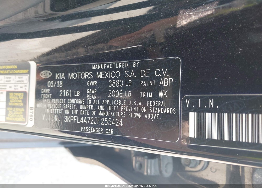 2018 KIA FORTE VIN: 3KPFL4A72JE255424