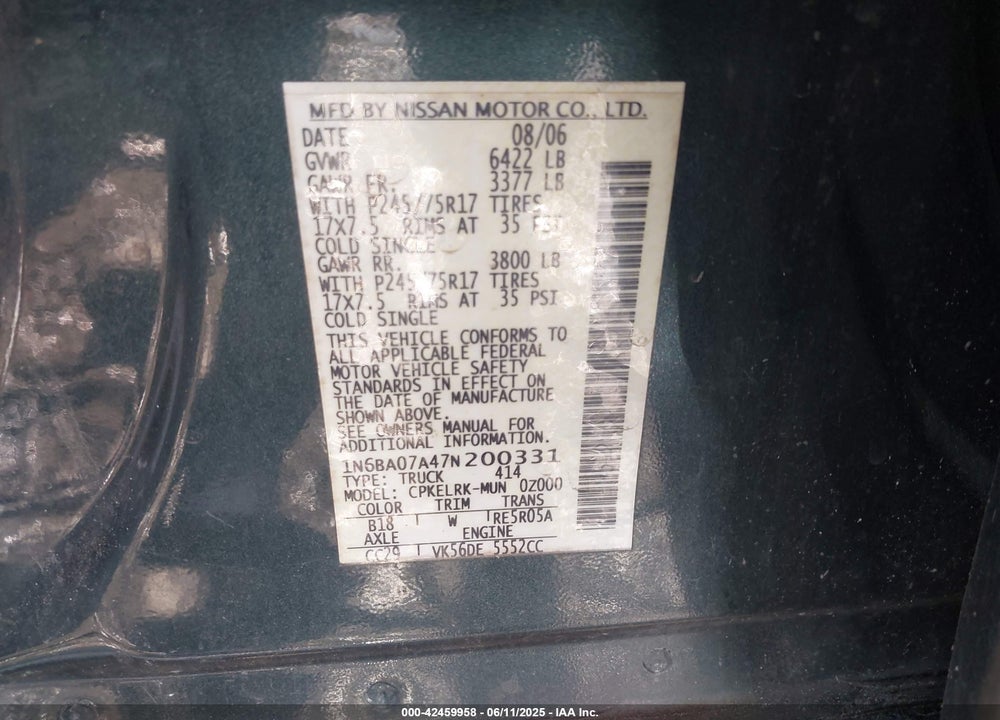 2007 NISSAN TITAN VIN: 1N6BA07A47N200331