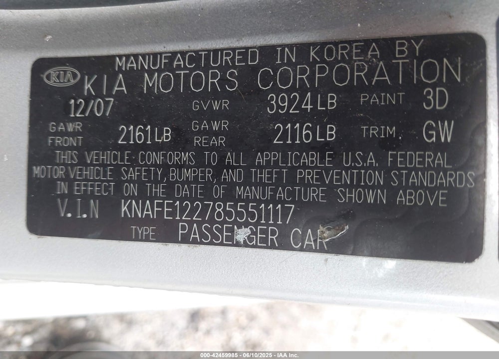 2008 KIA SPECTRA VIN: KNAFE122785551117