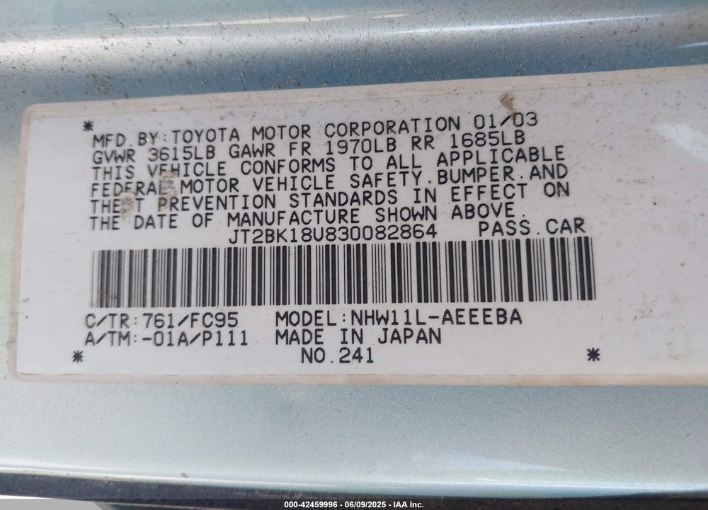 2003 TOYOTA PRIUS VIN: JT2BK18U830082864