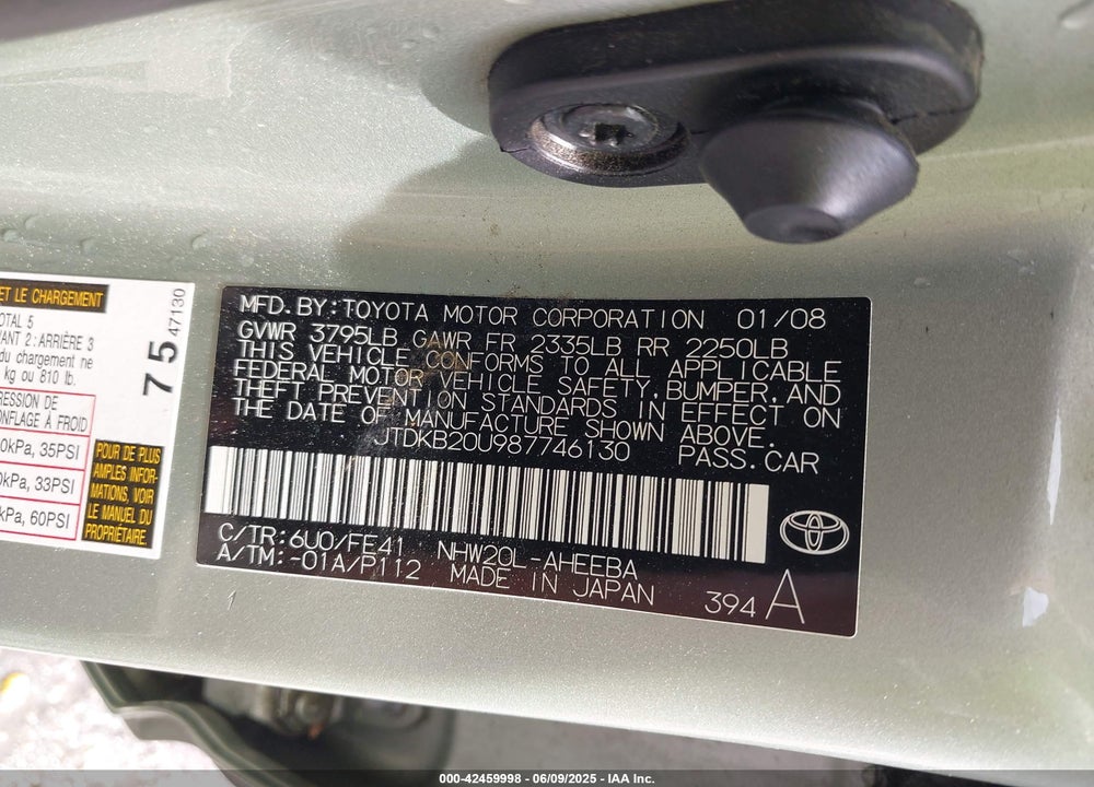 2008 TOYOTA PRIUS VIN: JTDKB20U987746130