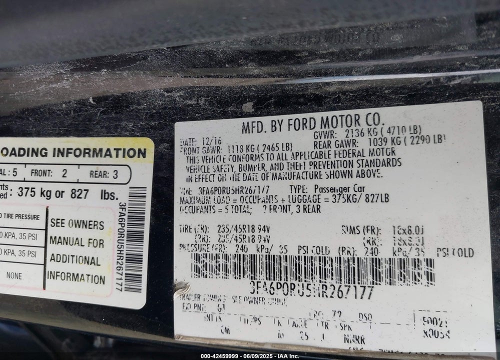 2017 FORD FUSION VIN: 3FA6P0RU5HR267177