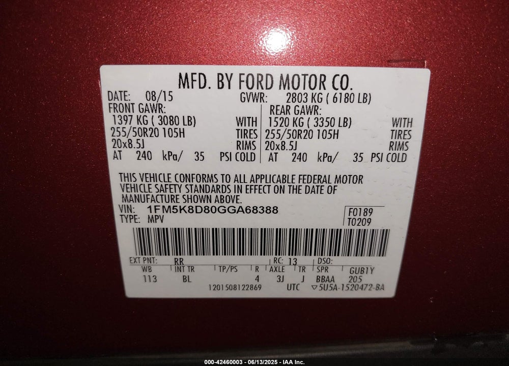 2016 FORD EXPLORER VIN: 1FM5K8D80GGA68388