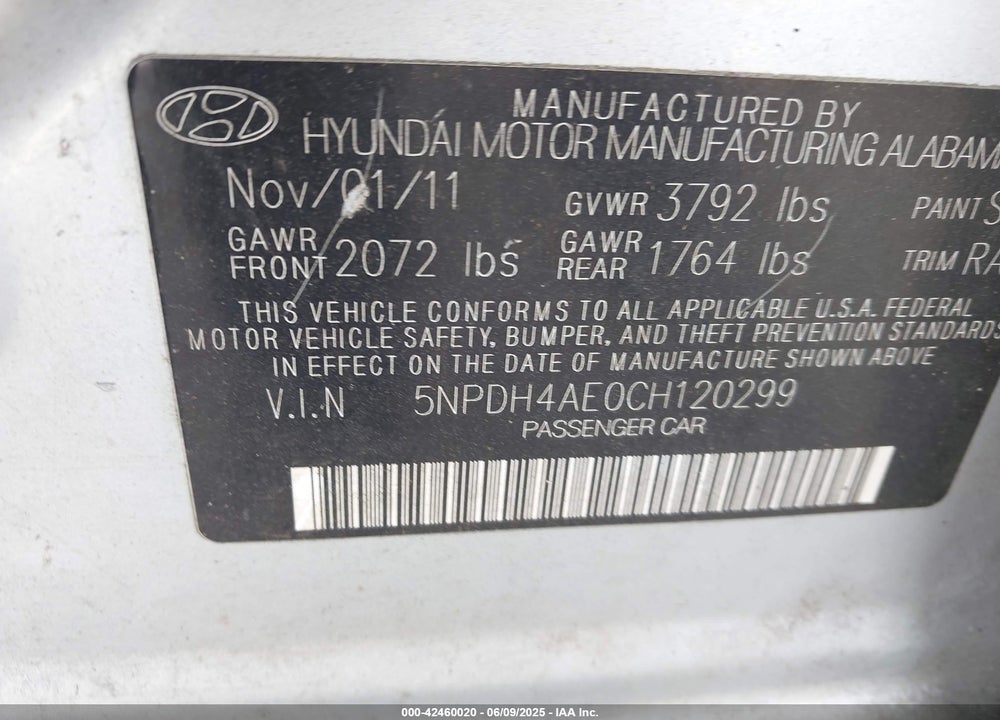 2012 HYUNDAI ELANTRA GLS VIN: 5NPDH4AE0CH120299