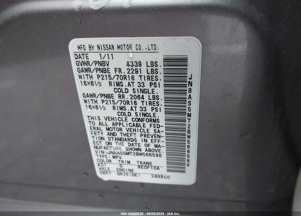 2011 NISSAN ROGUE VIN: JN8AS5MT2BW566598
