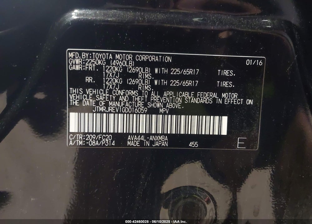 2016 TOYOTA RAV4 HYBRID VIN: JTMRJREV1GD016059